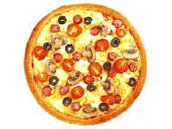 Рецепта Пица с домашно тесто, моцарела, топено сирене, царевица, маслини, гъби и чери домати